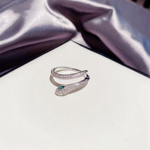NEW 925 Sterling Silver Emerald Diamond Snake Serpent Adjustable Ring - Picture 2 of 7